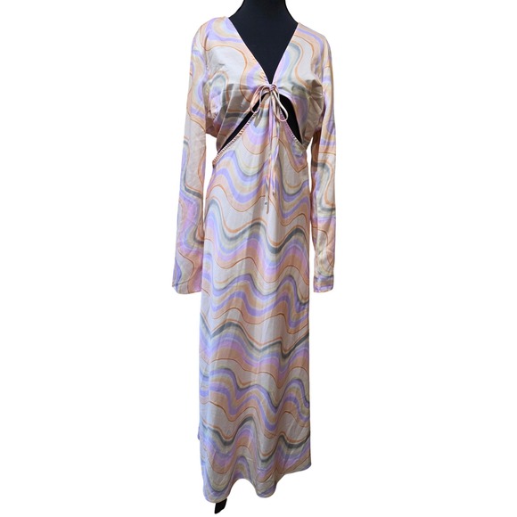 Topshop Dresses & Skirts - Topshop‎ Maxi Dress Multi Color Cut Out Satin Long Sleeve Wave Print Retro Sz 14